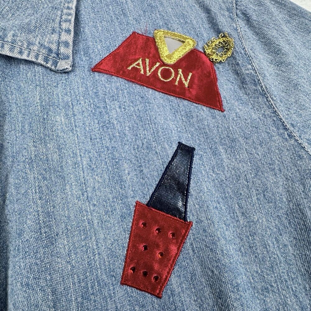 Vintage Avon Denim Button Up Shirt Women S Blue Cosmetics Makeup Retro Ruth - Picture 5 of 15